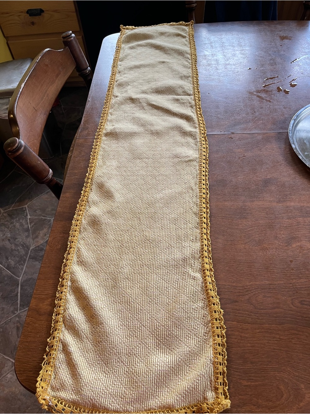 Handcrafted Gold color Table Runner with Mustard Crochet Trim